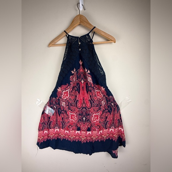 Free People Shea Printed Mini Dress Small Pink Blue Paisley Crochet Lace Boho - Picture 3 of 12